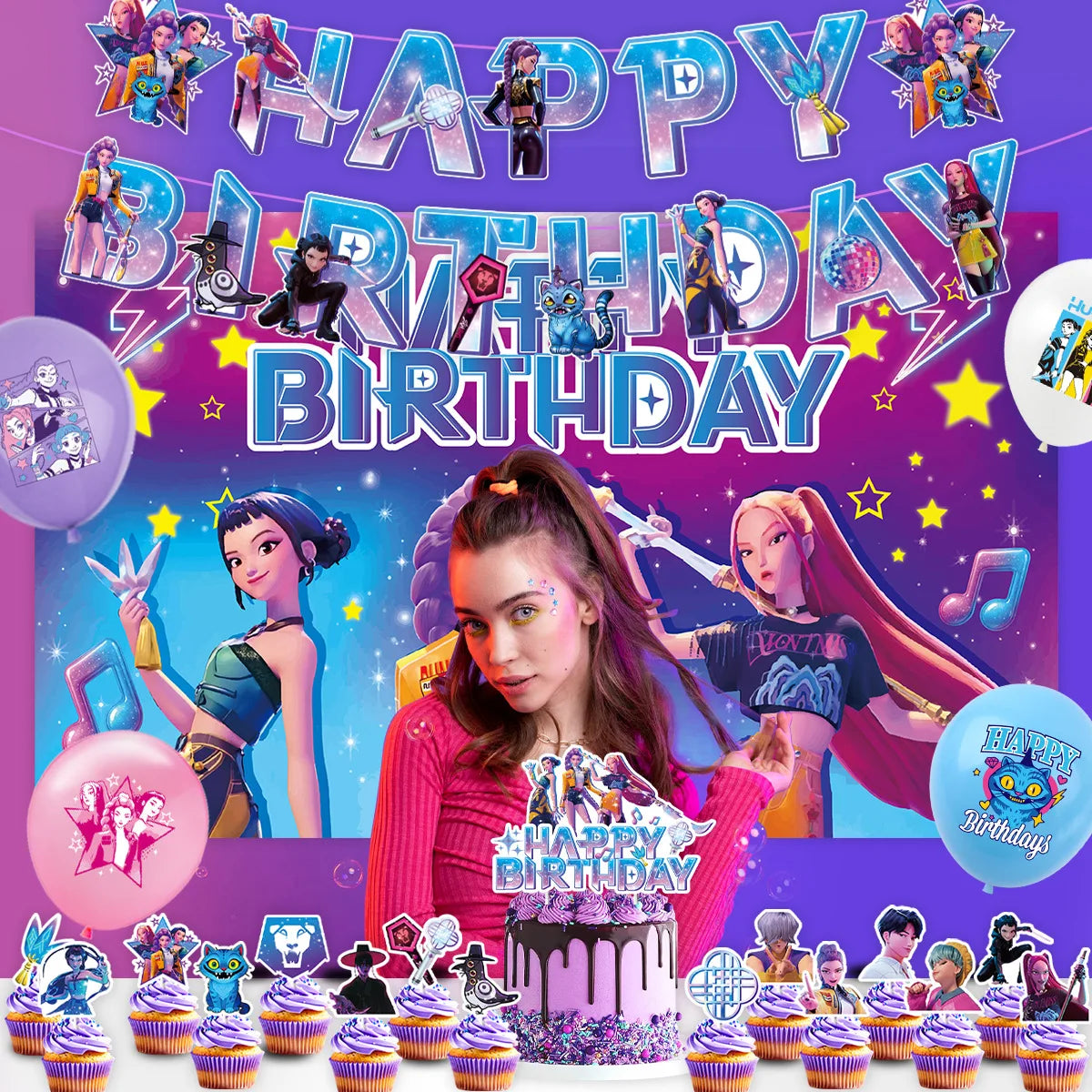 K-Pop Hunters "Starry Night" Deluxe Party Kit: Giant Backdrop, Banner & Balloon Set