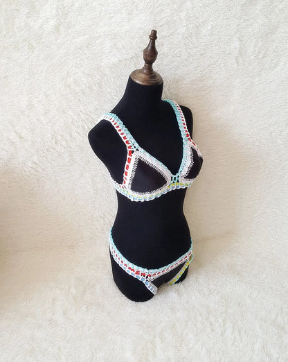Bikini Crochet 2025 Handmade Knit Patchwork Reversible 2 Piece Swimsuit Women Halter Top Brazilian Bathing Suit Thong Swimwear