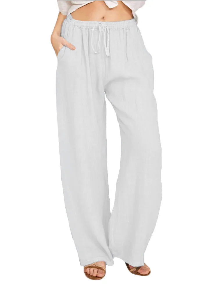 Loose Linen-Blend Wide Leg Casual Pants: Breathable Drawstring Summer Trousers