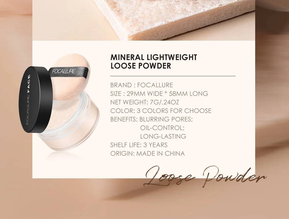 Focallure Face Loose Powder 3 Colors Ultra-Light Perfect Finishing Makeup Powder Waterproof Translucent Setting Powder Cosmetic