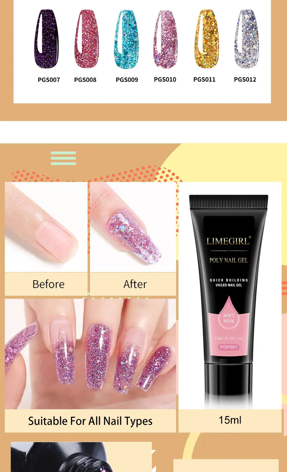 LIMEGIRL 15ML Nail Extension Gel Kit UV Gel Soaking Primer Pen Washing Water Glitter Manicure Mini LED Lamp Nail Gel Kit
