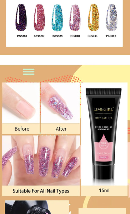 LIMEGIRL 15ML Nail Extension Gel Kit UV Gel Soaking Primer Pen Washing Water Glitter Manicure Mini LED Lamp Nail Gel Kit