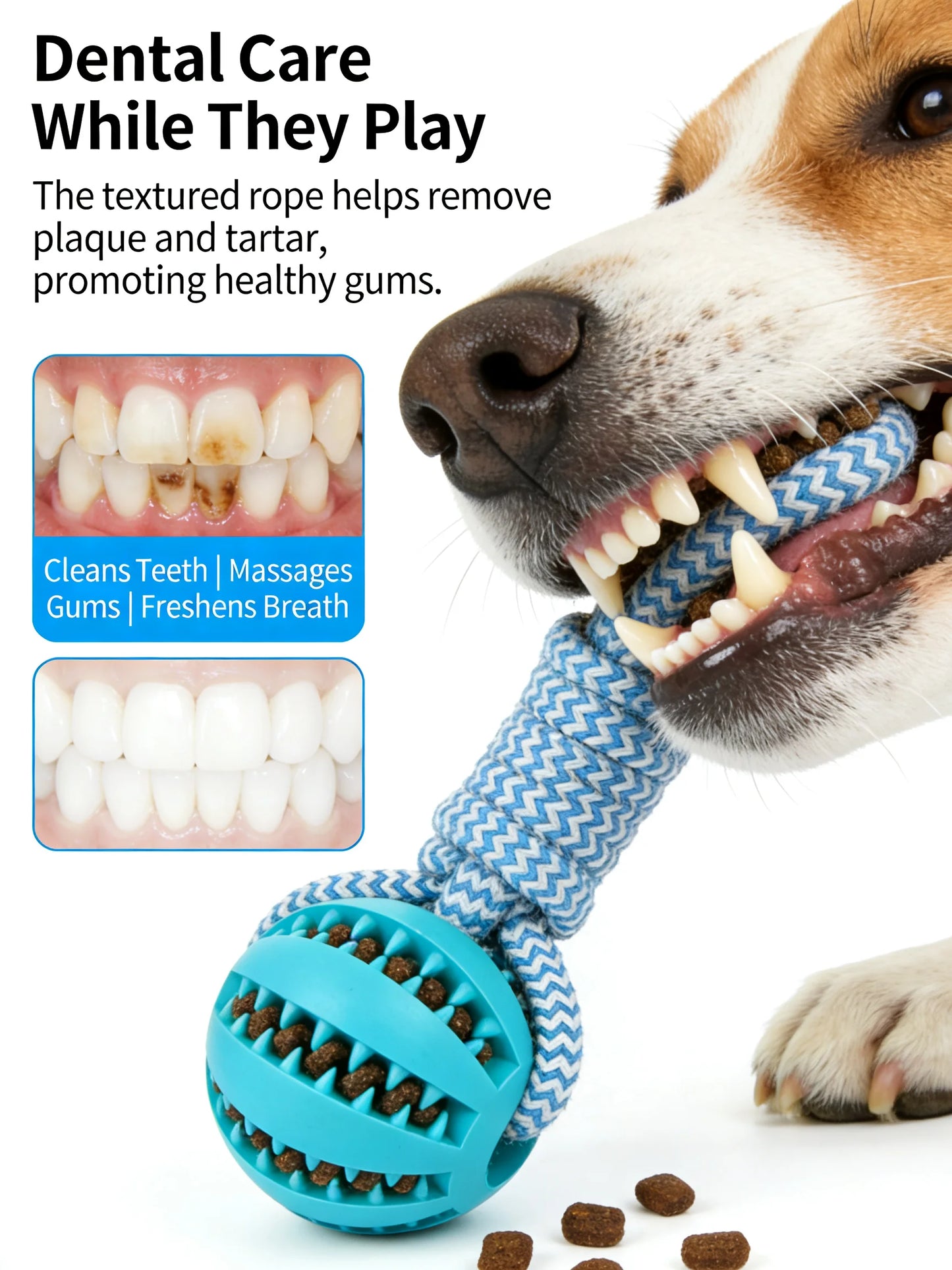 2-in-1 Dog Chew Toy with Treat Dispenser Durable Cotton Rope Natural Rubber Ball for Small Medium Dogs Teeth Cleaning
