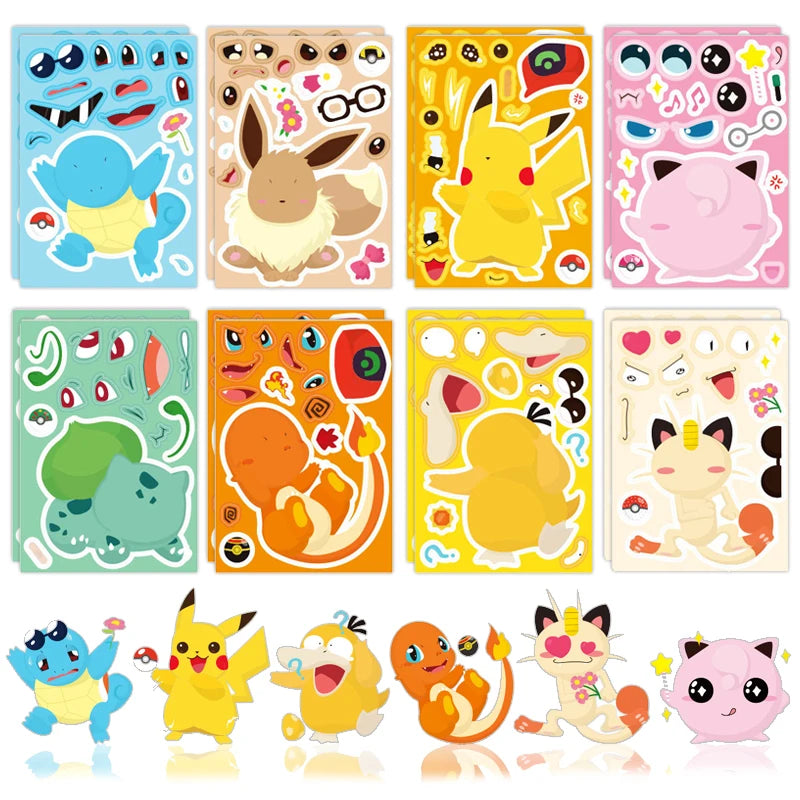 16Sheets Pokemon Puzzle Make a Face Stickers Pikachu Diy Cartoon Decal Assemble Jigsaw Children Gift Toy Party Favors for Kids