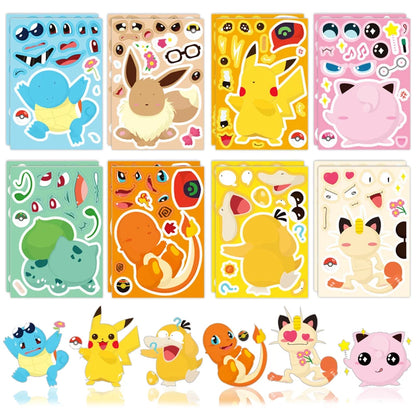 16Sheets Pokemon Puzzle Make a Face Stickers Pikachu Diy Cartoon Decal Assemble Jigsaw Children Gift Toy Party Favors for Kids