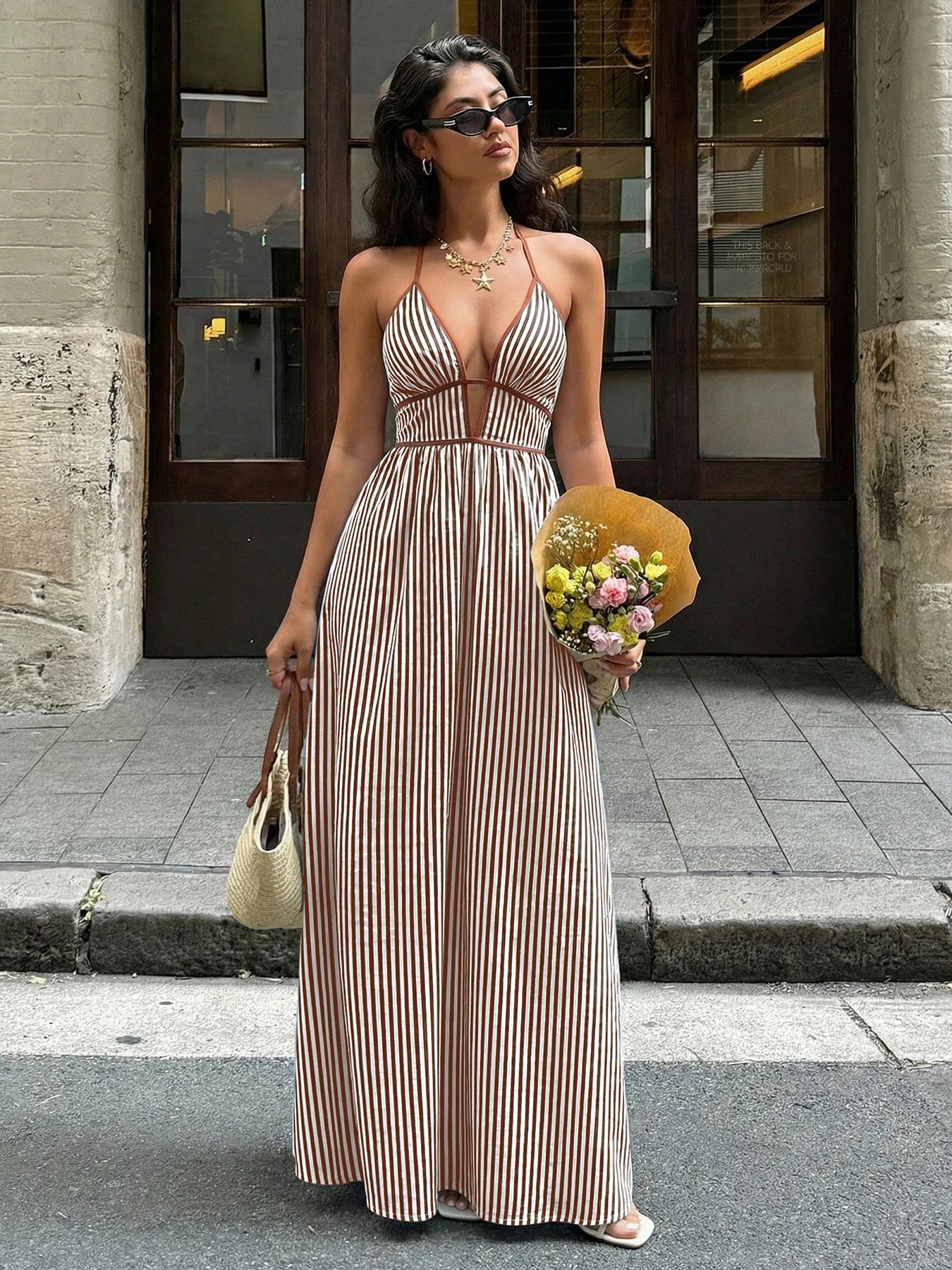 2026 Summer New Style Deep V-neck Striped Beach Dress, Sexy Backless Sleeveless Neckline Long Dress