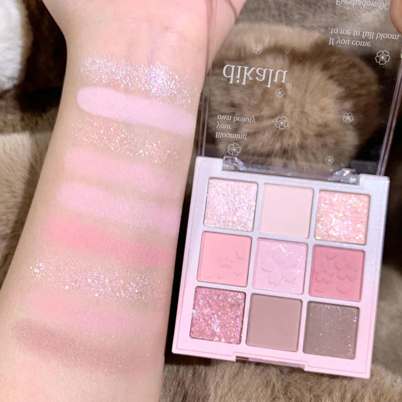 DIKALU 9-Color Sakura Eyeshadow Palette Glitter Matte Low Saturation Pink Brown Nude Makeup Shimmer Eye Pigments Long Lasting