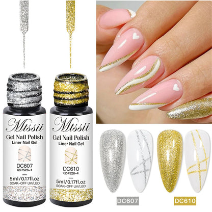 2/3/4/6pcs Platinum Glitter Liner Gel Nail Polish Set Gold Silver Sparkle Pull Line Gel Graffiti Painting Stripe DIY French Nail