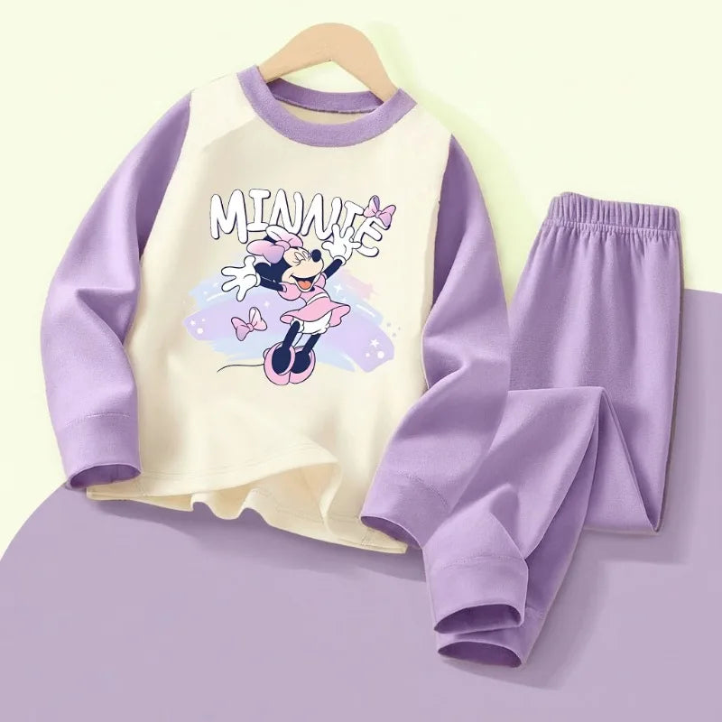 DISNEY MINNIE Printed Girls Casual Spliced Sleepwears Sets Autumn Winter Kids Comfy Soft Home Clothing Set Child Pijamas 0-10Y