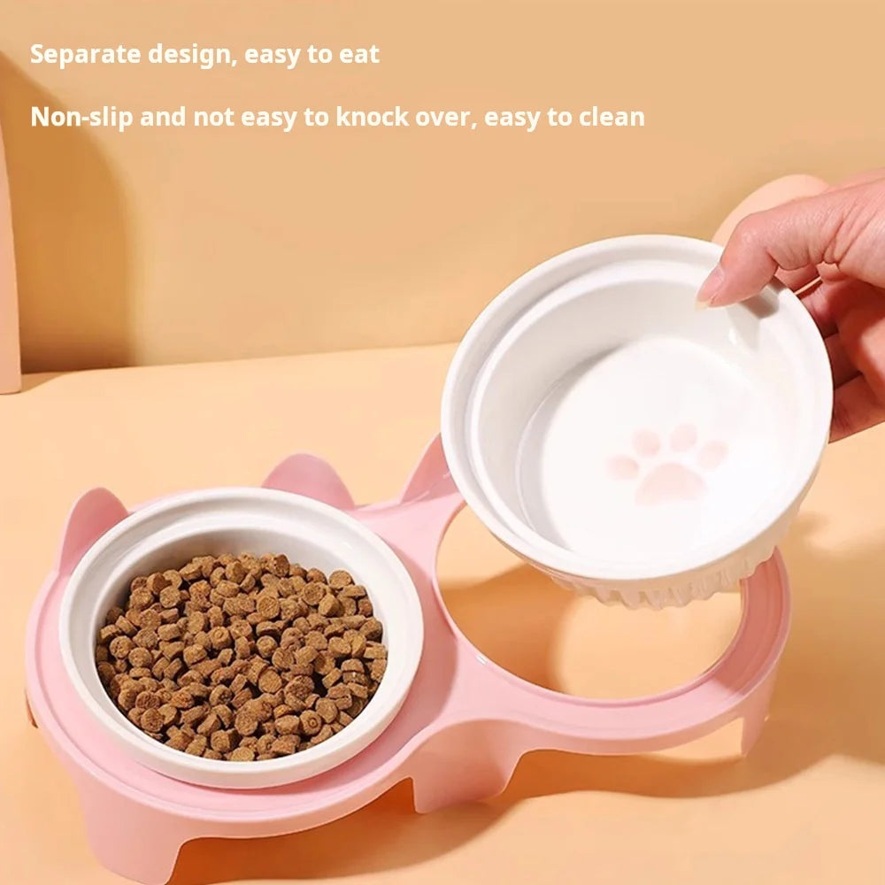 Cat bowl ceramic, cat food bowl double bowl drinking water, dog basin, pet oblique mouth to protect the cervical vertebrae