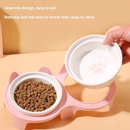 Cat bowl ceramic, cat food bowl double bowl drinking water, dog basin, pet oblique mouth to protect the cervical vertebrae