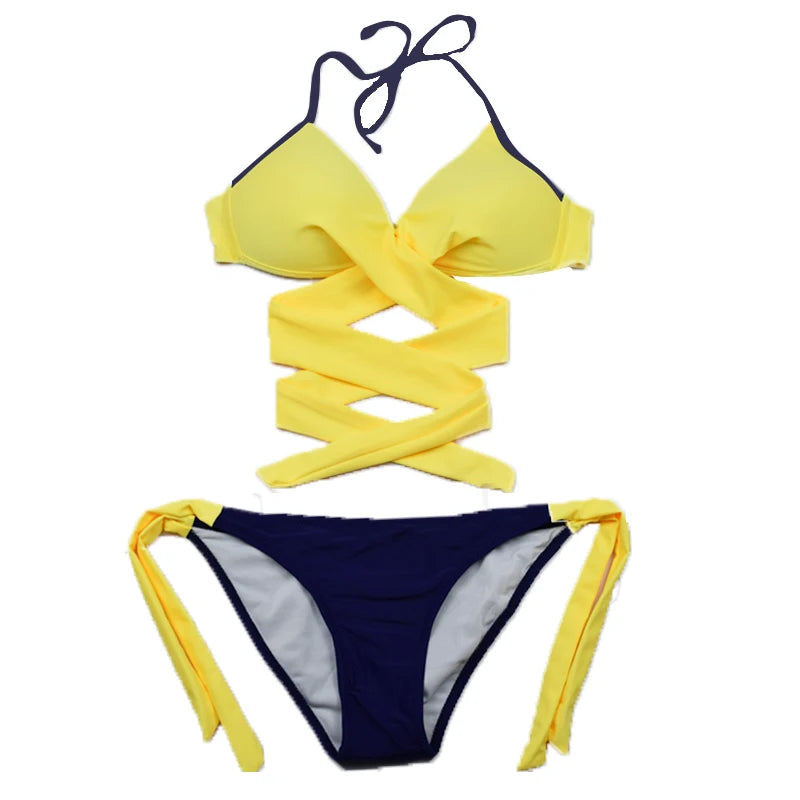 Neon Green Bikini Set Sexy Women Push Up Swimwear Cross Bandage Halter Swimsuit Two-piece Beach Wear Bathing Suit Ladies Biquini