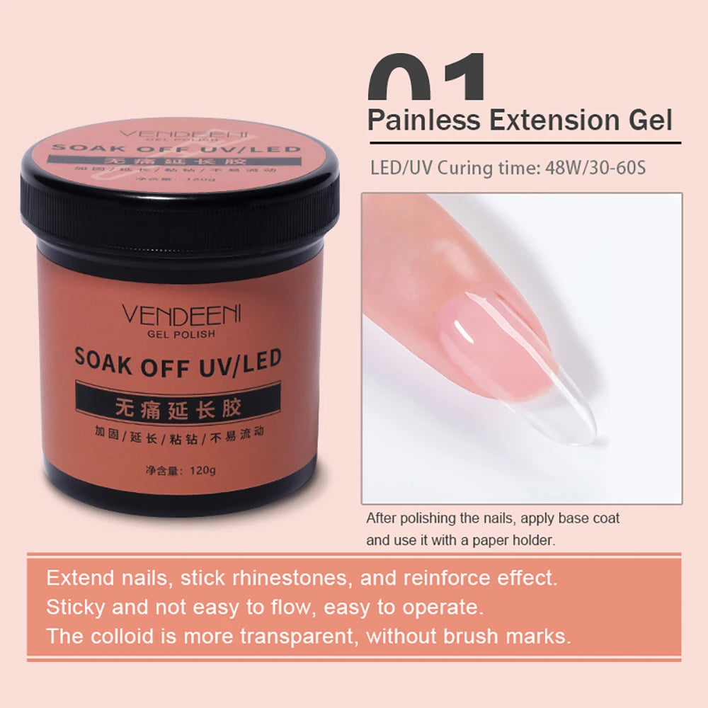 Vendeeni 120g High Capacity Nail Art Functional Gel No Wipe Top Coat Base Coat Painless Extension Gel Leveling Reinforcing Gel