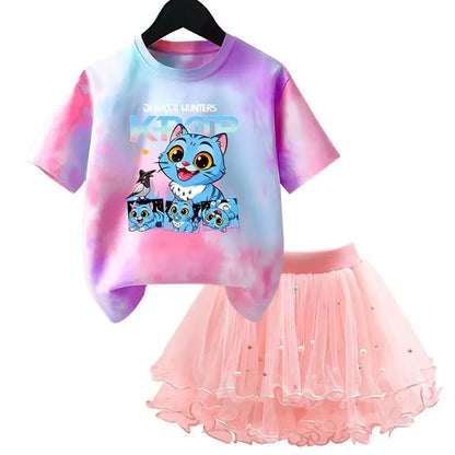 Girls' K-Pop HUNTRX Princess Set: Tie-Dye Graphic Tee & Pearl Tutu Skirt 2-Piece Outfit