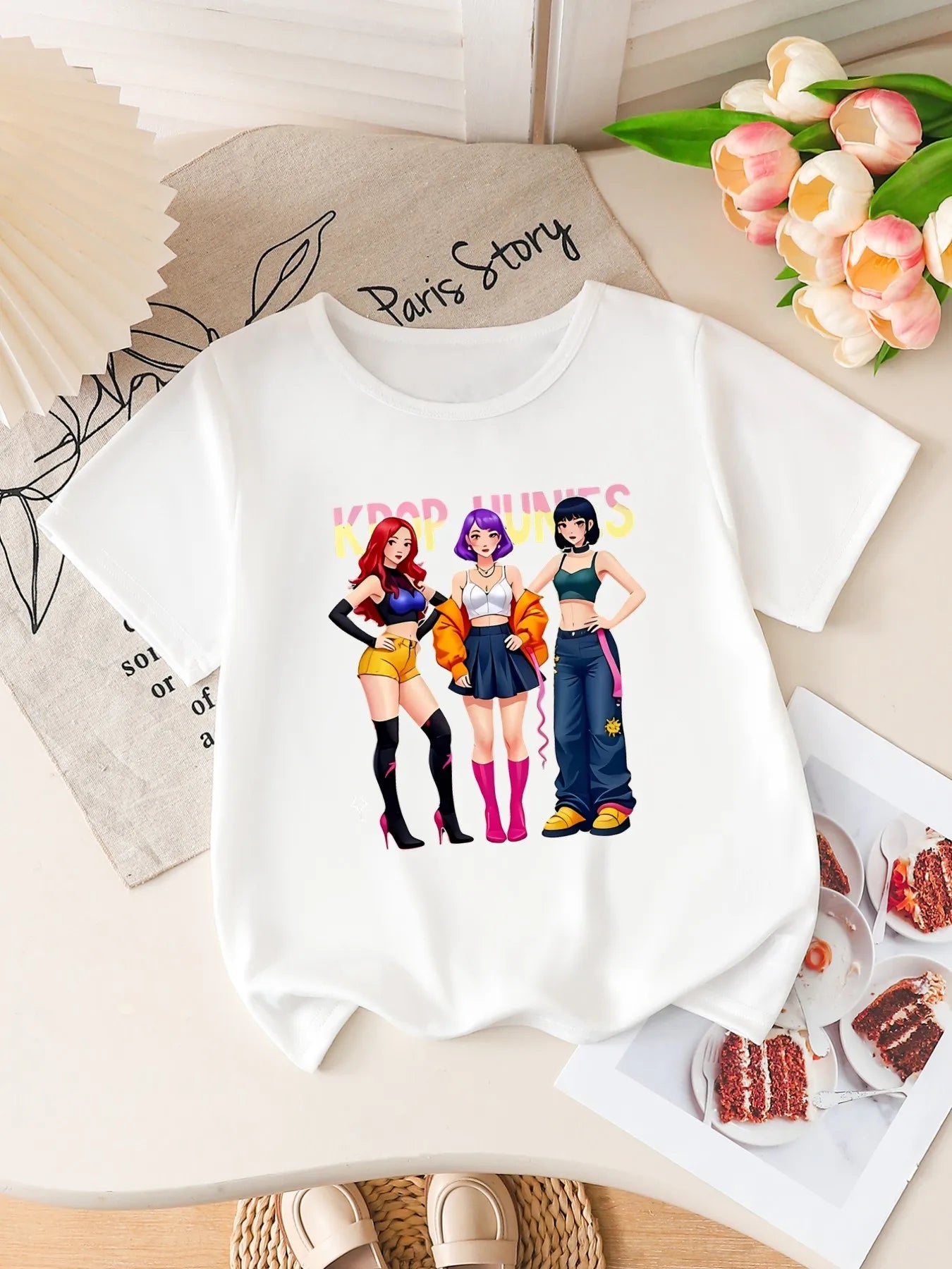 Girls K-Pop Hunnies Anime Print Short Sleeve T-Shirt Cute Cartoon Girl Group Graphic Tee Kids Summer Casual Top