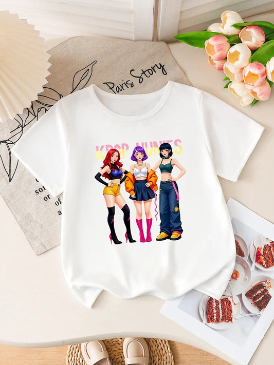 Girls K-Pop Hunnies Anime Print Short Sleeve T-Shirt Cute Cartoon Girl Group Graphic Tee Kids Summer Casual Top