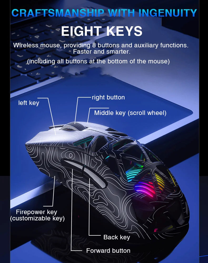 AULA SC620 Wireless Gaming Mouse, Lightweight Design, Multiple Lighting Effects, Customizable Fire Button, Optical Movement Dete