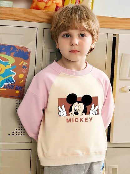 Spring Autumn Children O Neck Hoodies Sets Baby Girls Casual Sweatshirts Kids Spliced Long Sleeved Pullover Mickey Printed
