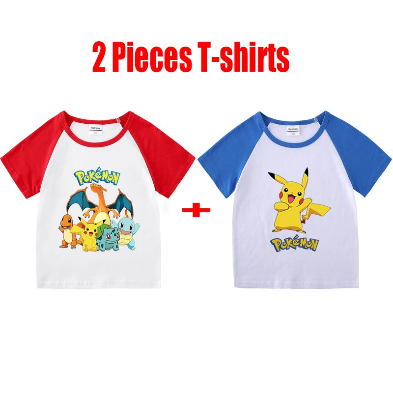 1/2 Pieces Pokemon Cartoon Tees For Boys Clothing Summer Children 100% cotton Short Sleeve T-shirts Printed T-shirt for girls