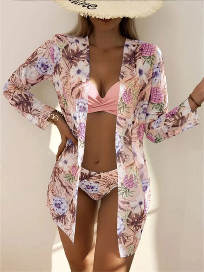 Three Pieces Bikini Set Cover Up Women 2023 New Push Up Twist Swimsuit Print Long Sleeve Swimwear Biquini Bathing Suit Summer