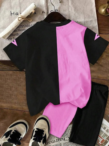 Girls' Nova Beat K-Pop Split-Design Set: Star Graphic Tee & Biker Shorts 2-Piece Outfit