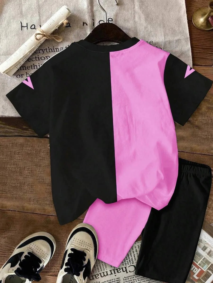 Girls' Nova Beat K-Pop Split-Design Set: Star Graphic Tee & Biker Shorts 2-Piece Outfit