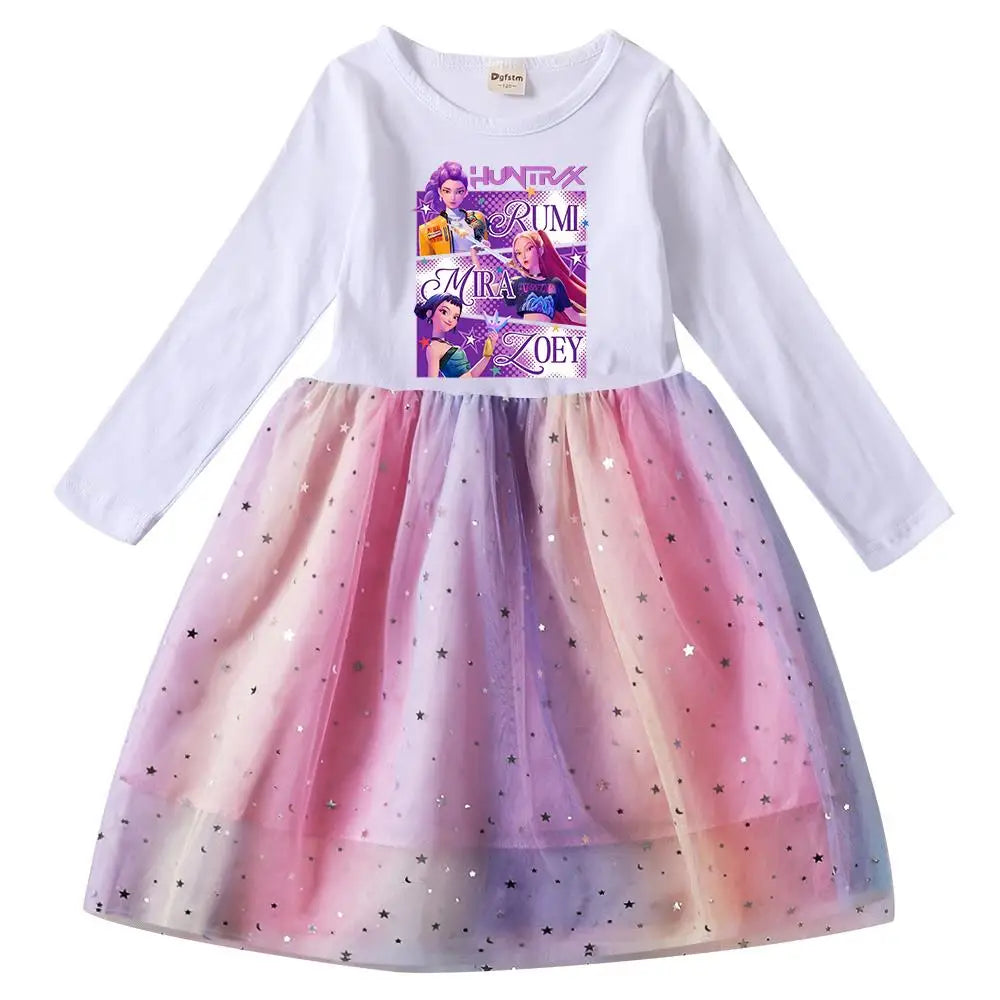 Girls' K-Pop Demon Hunters "Star Sparkle" Long Sleeve Tutu Dress: Rainbow Tulle Princess Gown