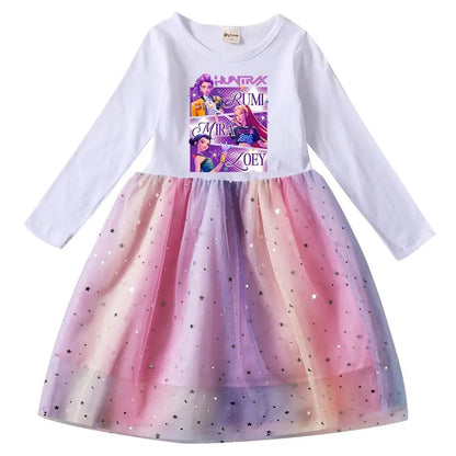 Girls' K-Pop Demon Hunters "Star Sparkle" Long Sleeve Tutu Dress: Rainbow Tulle Princess Gown
