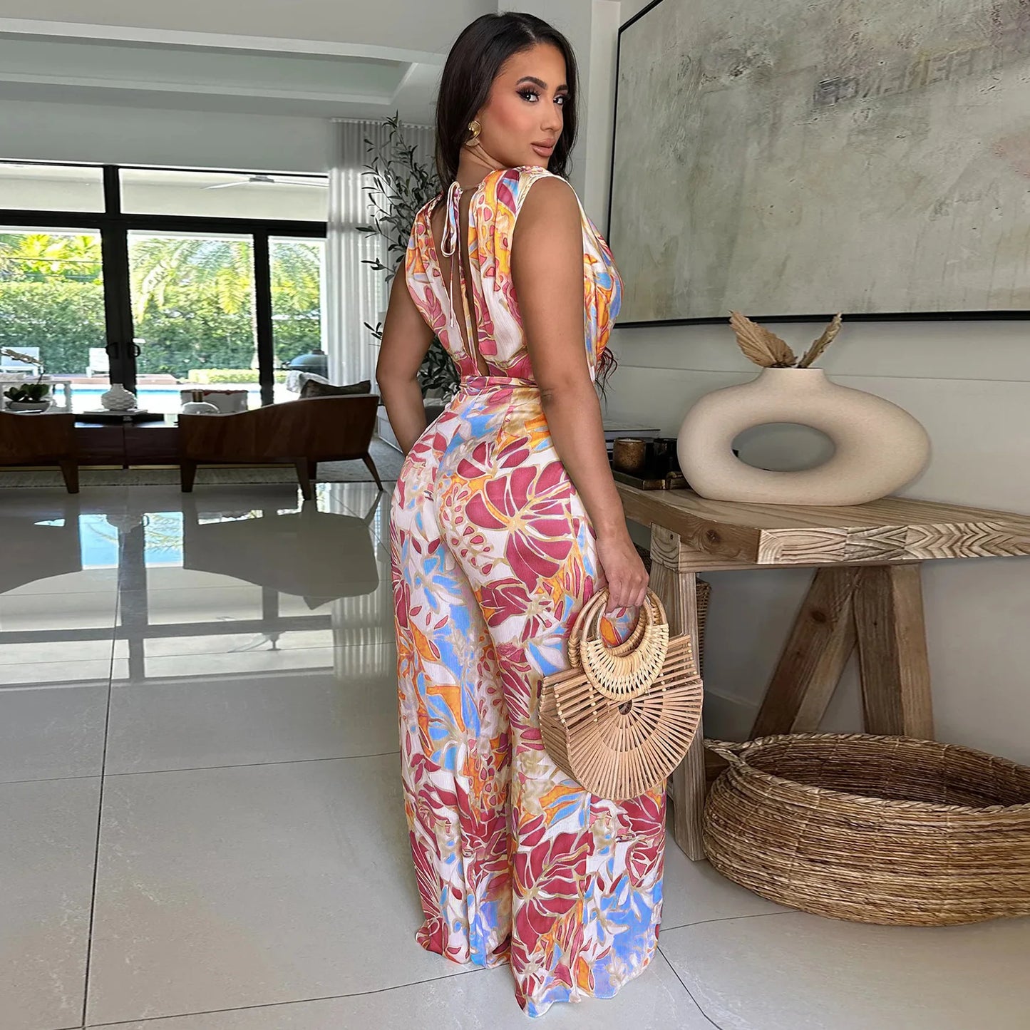 Summer Women 2025 Outfits Beach Jumpsuit Cover Up For Female Swim Swimsuit Sexy Tunic Sleeveless Lace Up Wide Leg Printed Romper