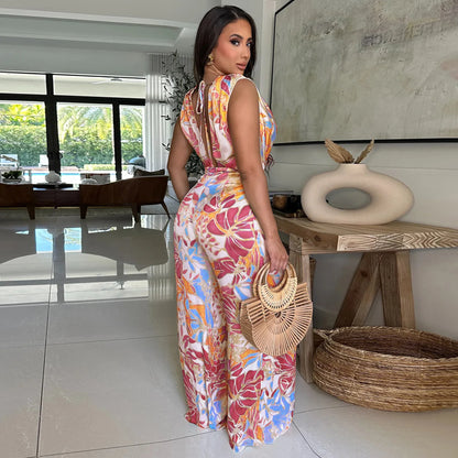 Summer Women 2025 Outfits Beach Jumpsuit Cover Up For Female Swim Swimsuit Sexy Tunic Sleeveless Lace Up Wide Leg Printed Romper