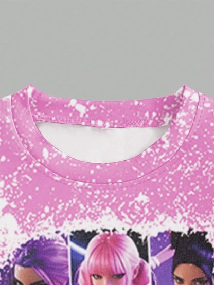 Girls' K-Pop Retro Duo Set: Pink Splatter Graphic Tee & Black Flared Pants