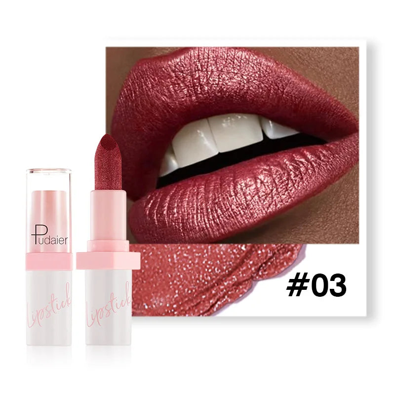 Pudaier Shimmery Diamond Lipstick: 10 Shades of Waterproof Glitter & Metallic Shine