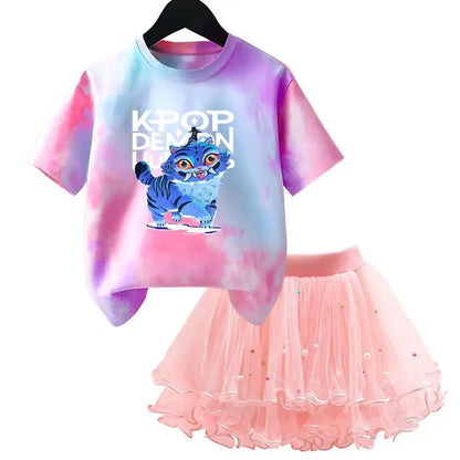 Girls' K-Pop HUNTRX Princess Set: Tie-Dye Graphic Tee & Pearl Tutu Skirt 2-Piece Outfit