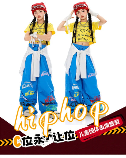 Girls Hiphop Group Jazz Dance Performance Clothes Loose Short Sleeve Top Pants Street Dance Costumes Wear