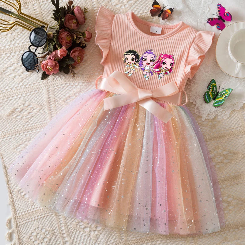 Girls' HUNTRX Rainbow Tulle Princess Dress: Sequin Star & Chibi Idol Party Gown