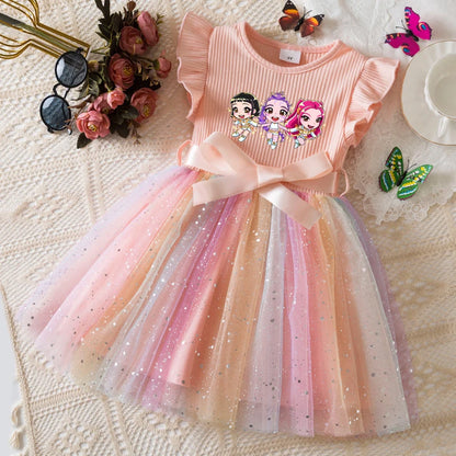 Girls' HUNTRX Rainbow Tulle Princess Dress: Sequin Star & Chibi Idol Party Gown