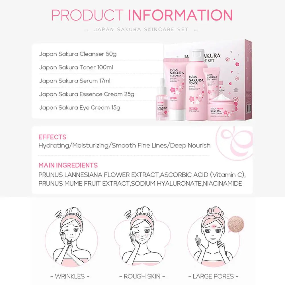 LAIKOU Japan Sakura Skin Care Set: 5-Piece Hydrating & Brightening Kit