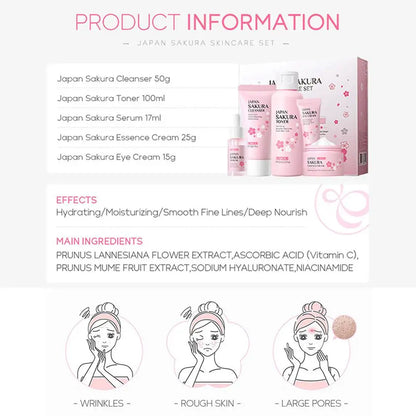LAIKOU Japan Sakura Skin Care Set: 5-Piece Hydrating & Brightening Kit