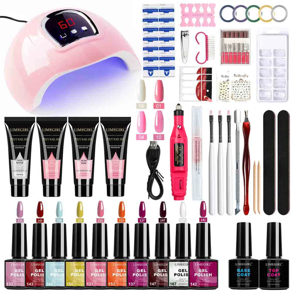 LIMEGIRL 8ml Gel Nail Polish Kit with UV Nail Lamp Electric Nail Drill UV Soaking Gel Base and Top Coat Gel Polish Nail Tool Kit