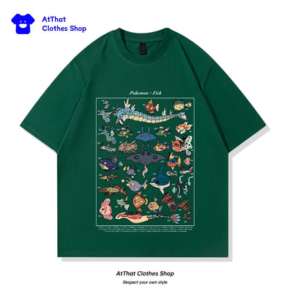 pokemon Fish Guide clothing, Japanese-style retro pure cotton loose summer short-sleeved T-shirt