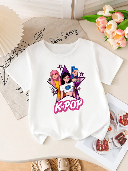 Girls K-POP Idol Group Print Short Sleeve T-Shirt Cute Cartoon Graphic Tee Kids Summer Casual Top