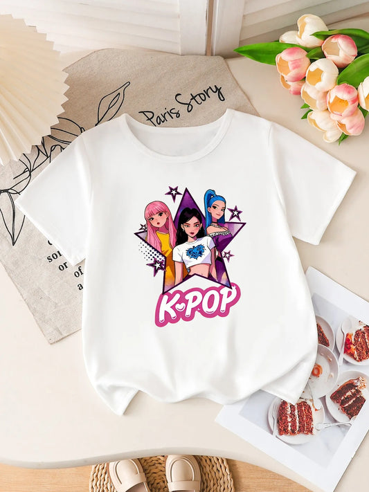 Girls K-POP Idol Group Print Short Sleeve T-Shirt Cute Cartoon Graphic Tee Kids Summer Casual Top
