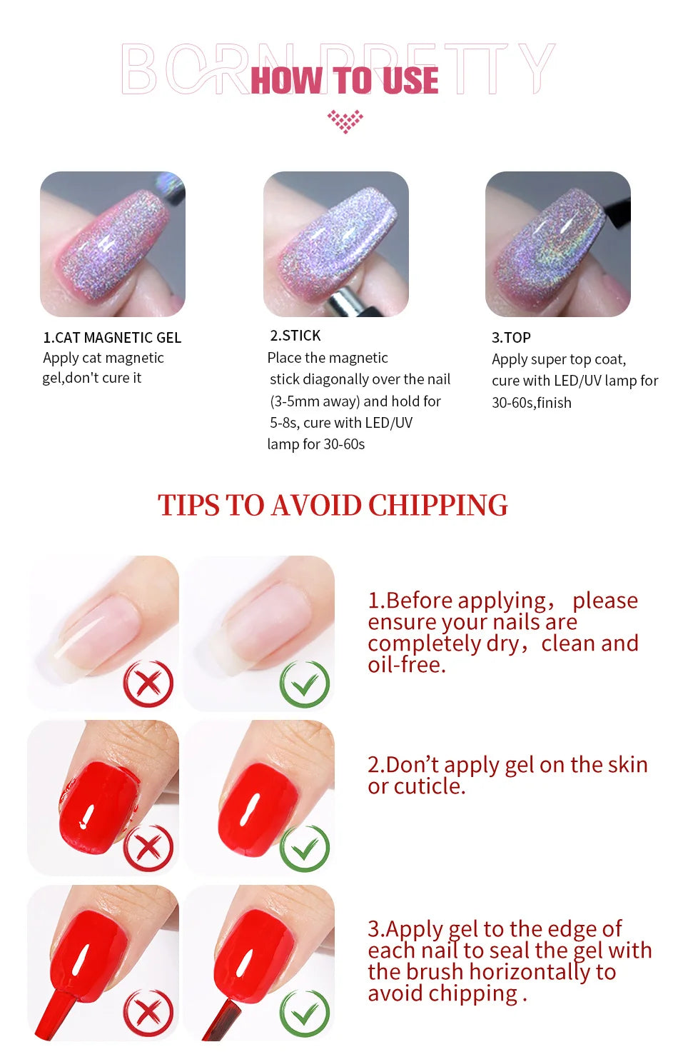 BORN PRETTY Sparkling Glass Bead Cat Magnetic Gel Nail Polish Flash White Spar Red Color Semi Permanent Soak Off UV Gel Varnish