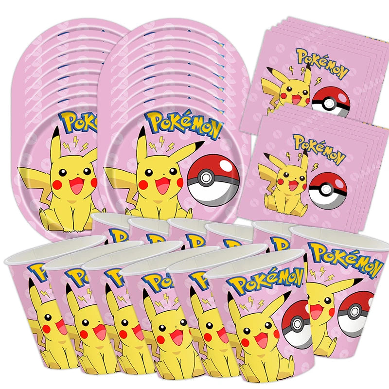 60pcs Pokemon Tableware Pikachu Birthday Decoration Disposable Cups Plates Napkins Happy Birthday Baby Shower Supplies Toys ﻿