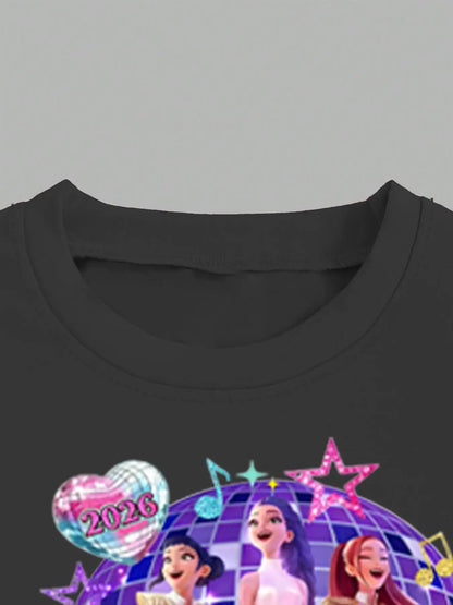 Girls' 2026 Concert Edition 2-Piece Set: Black Idol Graphic Tee & Neon Star Flared Pants