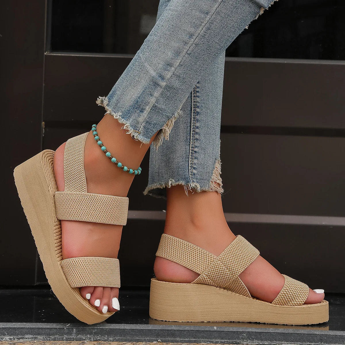 Women's Light Weight Wedge Sandals Open Toe Platform Thick Soled Summer Casual Slingback Shoes with Back Strap Leisure Footwear