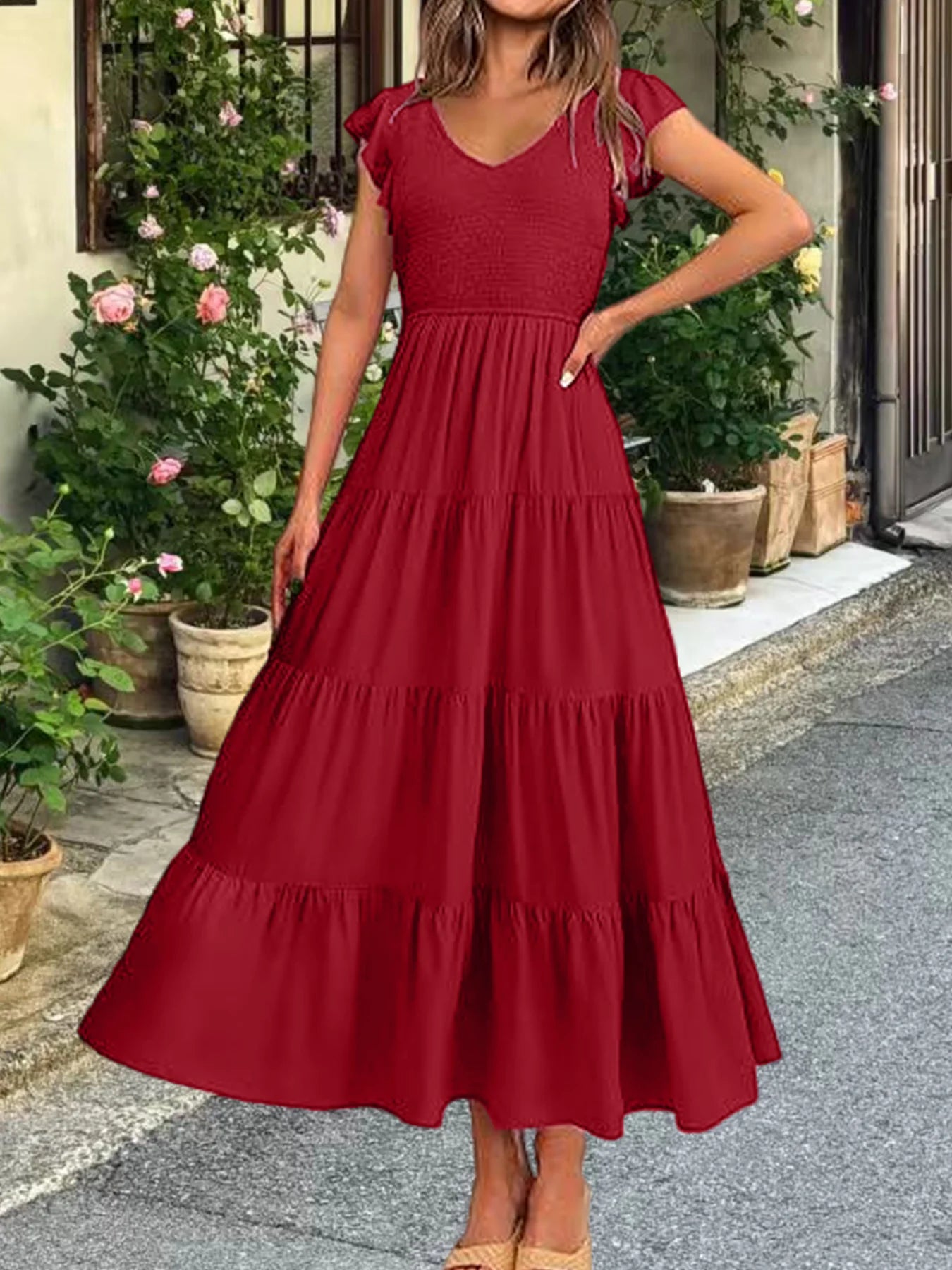 Ruched V-Neck Tiered Maxi Dress: Flutter Butterfly Sleeve Summer Gown