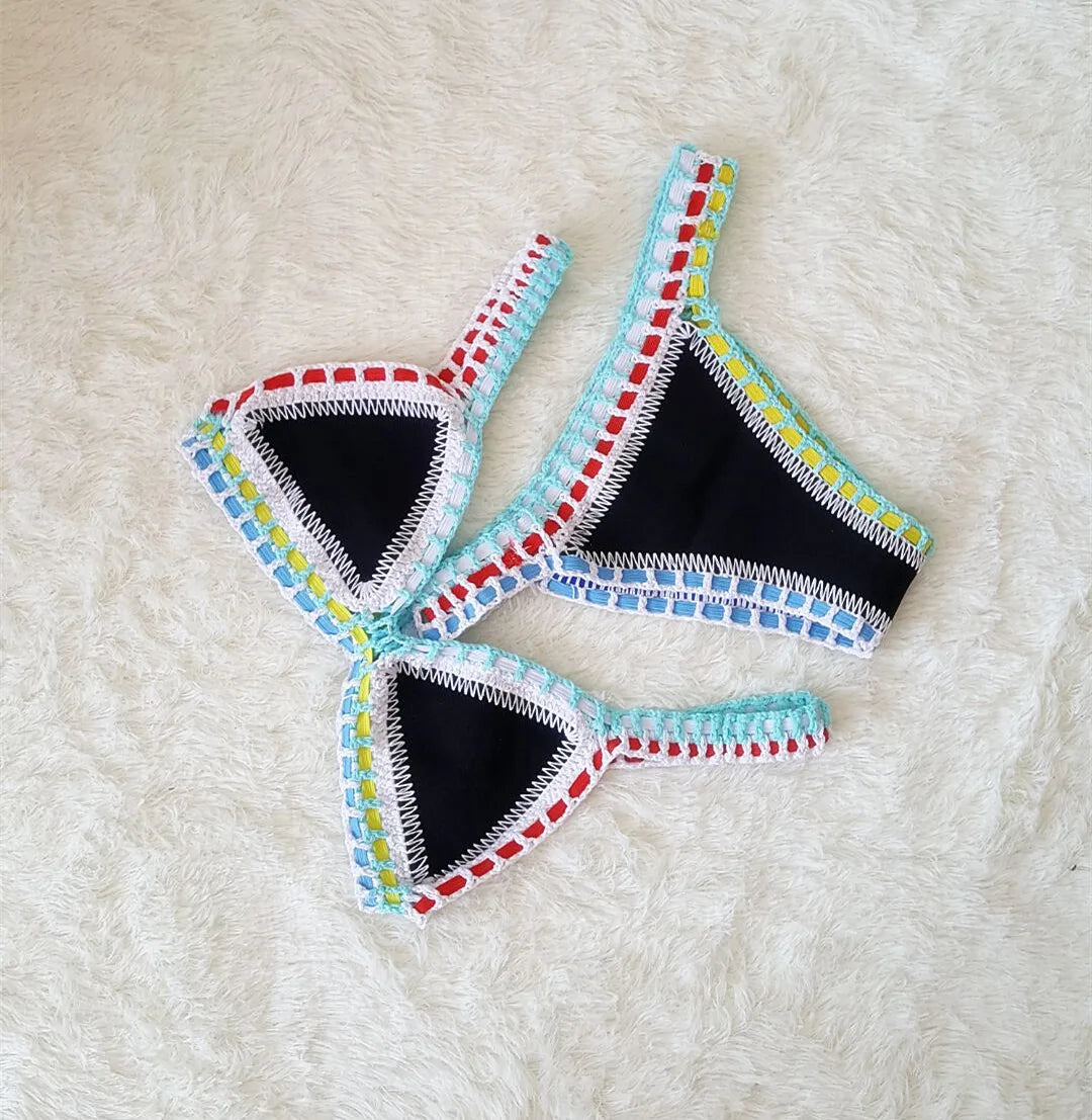 Bikini Crochet 2025 Handmade Knit Patchwork Reversible 2 Piece Swimsuit Women Halter Top Brazilian Bathing Suit Thong Swimwear