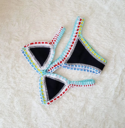 Bikini Crochet 2025 Handmade Knit Patchwork Reversible 2 Piece Swimsuit Women Halter Top Brazilian Bathing Suit Thong Swimwear