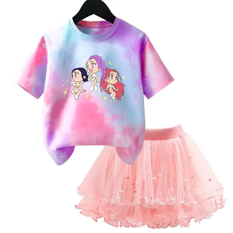 Girls' K-Pop HUNTRX Princess Set: Tie-Dye Graphic Tee & Pearl Tutu Skirt 2-Piece Outfit